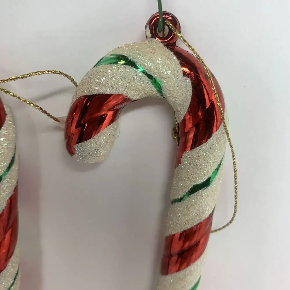Glass Candy Cane Christmas Ornaments Lot Of 2 Glitter Holiday Decorations 7.5”
